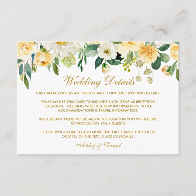 Yellow Floral Gold Wedding Details Insert Card (Front)