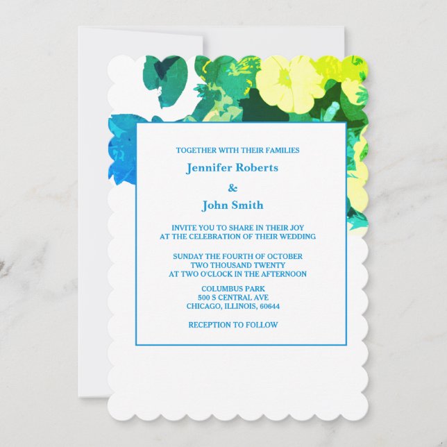 Yellow Floral Green Blue Leafy Art Custom Wedding Invitation (Front)