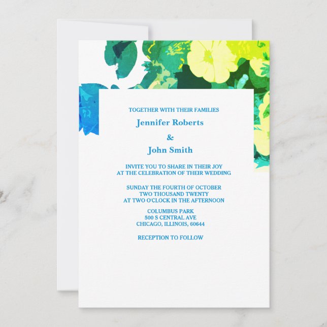 Yellow Floral Green Blue Leaves Art Custom Wedding Invitation (Front)