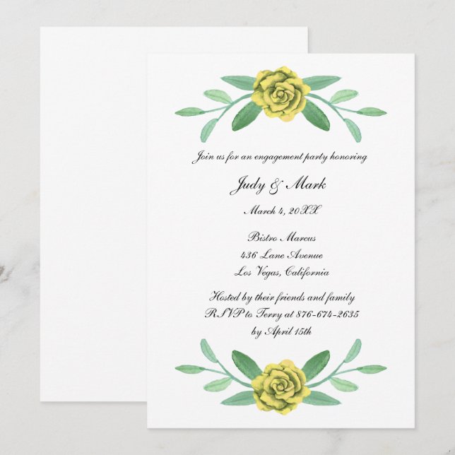 Yellow Floral Greenery Foliage Engagement Party Invitation (Front/Back)