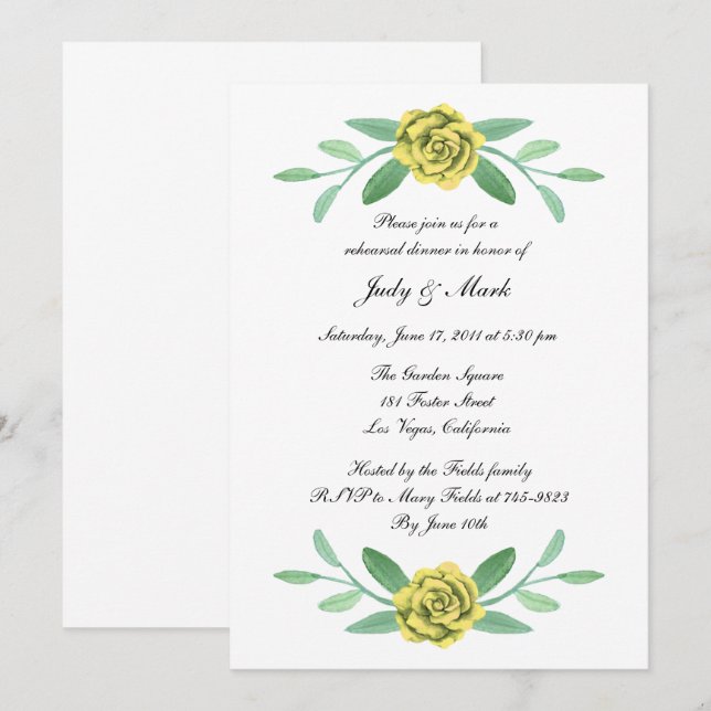 Yellow Floral Greenery Foliage Rehearsal Dinner Invitation (Front/Back)