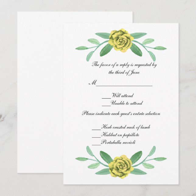 Yellow Floral Greenery Foliage Wedding Response Invitation (Front/Back)