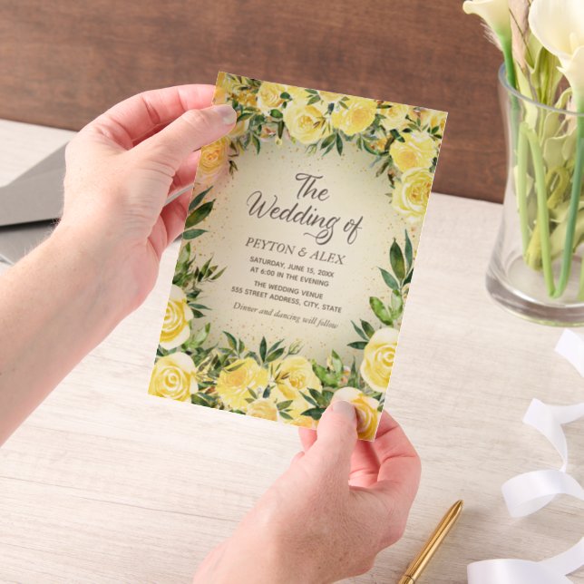 Yellow Floral Greenery Gold Glitter Vellum Wedding Vellum Invitations (Handheld)