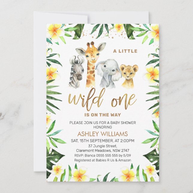 Yellow Floral Greenery Safari Wild One Baby Shower Invitation (Front)