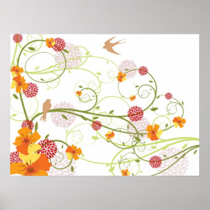 Yellow Floral Hibiscus & Swallows Custom Poster