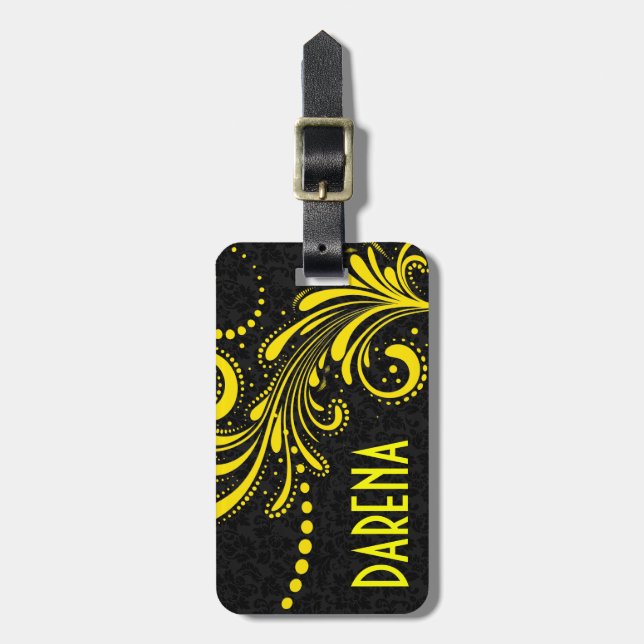 Yellow Floral Lace Black Damasks Luggage Tag (Front Vertical)