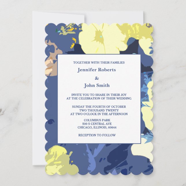 Yellow Floral Leafy Dusty Blue Artsy Wedding 2024 Invitation (Front)