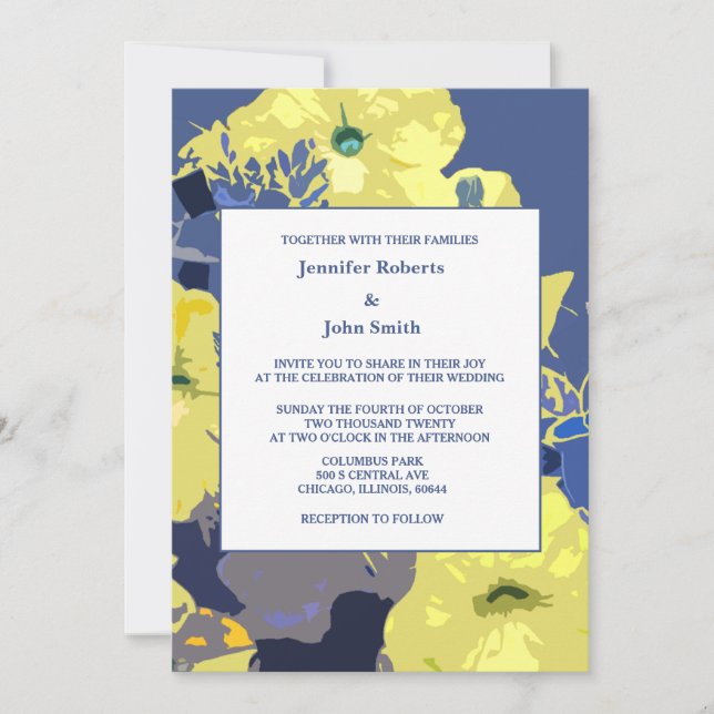 Yellow Floral Leaves Dusty Blue Artsy Wedding 2024 Invitation (Front)