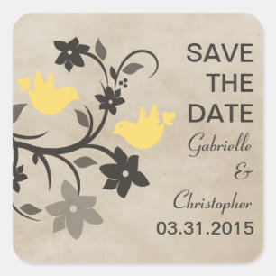 Yellow Floral Lovebirds Save the Date Stickers