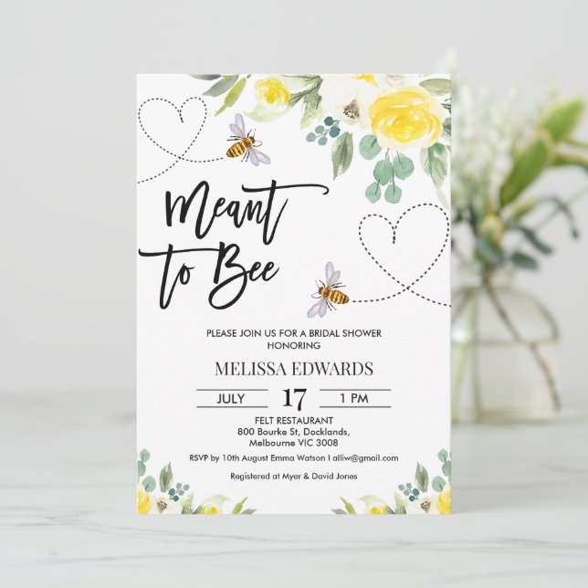 Yellow Floral Meant to Bee Bridal Shower Invitation (Standing Front)