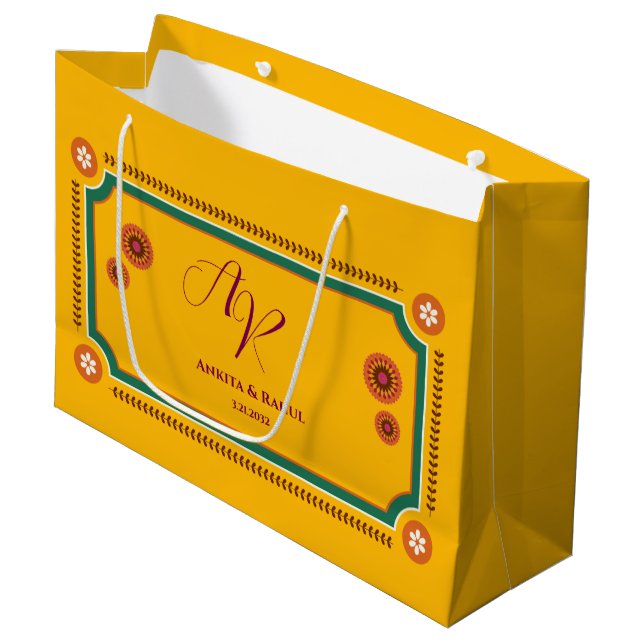 Yellow Floral Monogram Initials Indian Wedding Large Gift Bag (Front Angled)