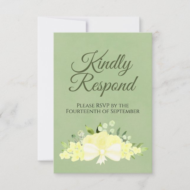 Yellow Floral on Sage Green Kindly Respond Wedding RSVP Card (Front)