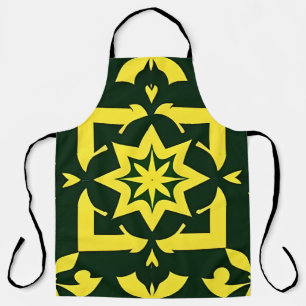 Yellow Floral Ornament on a Green Background Apron