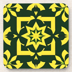 Yellow Floral Ornament on a Green Background Coaster