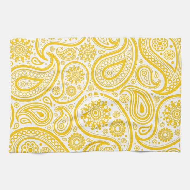 Yellow Floral Paisley Pattern Tea Towel (Horizontal)