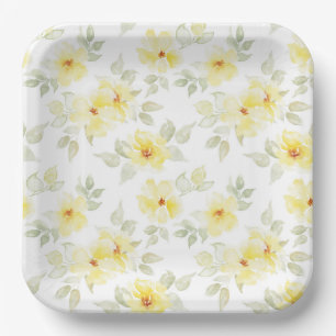 Yellow Floral Paper Plates, Watercolor Flowers Plate