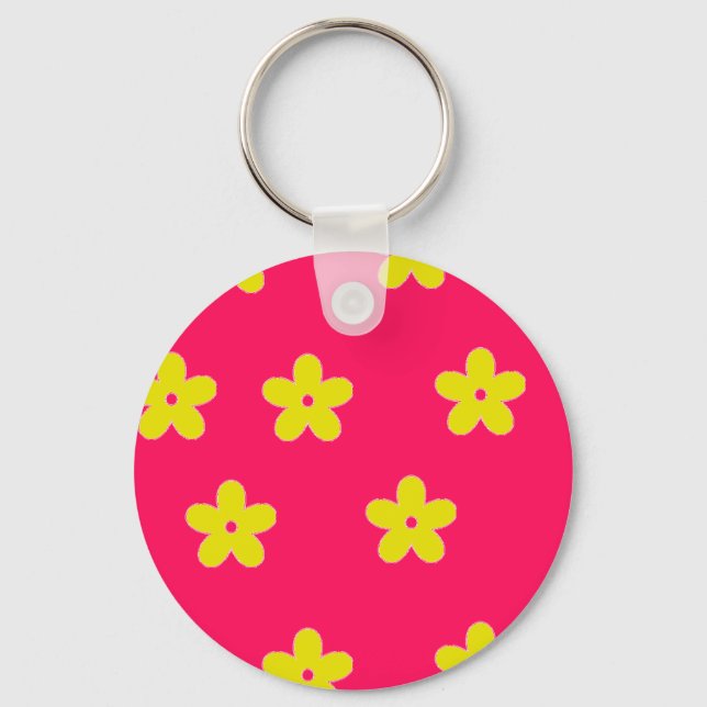 Yellow floral pattern on pink key ring (Front)