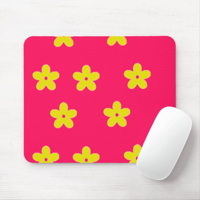 Yellow floral pattern on pink mouse mat (With Mouse)