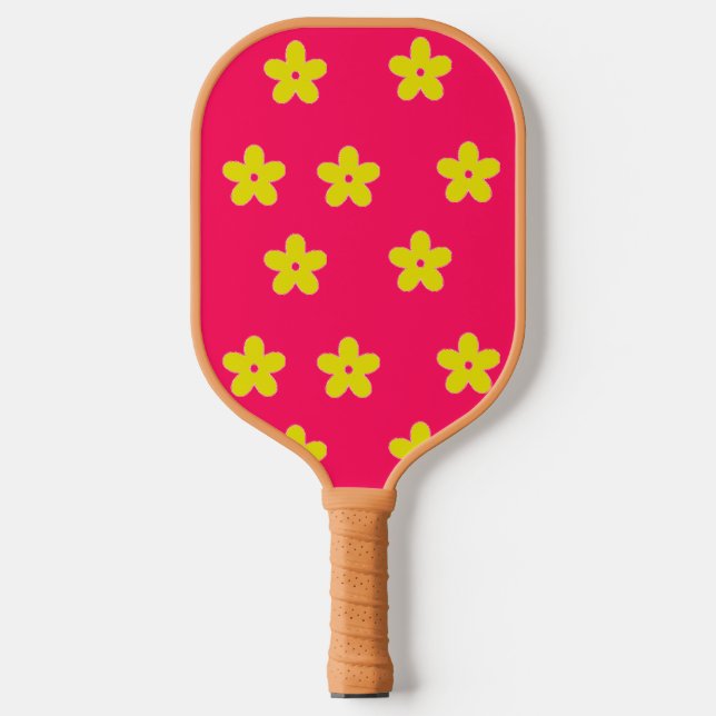 Yellow floral pattern on pink pickleball paddle (Front)