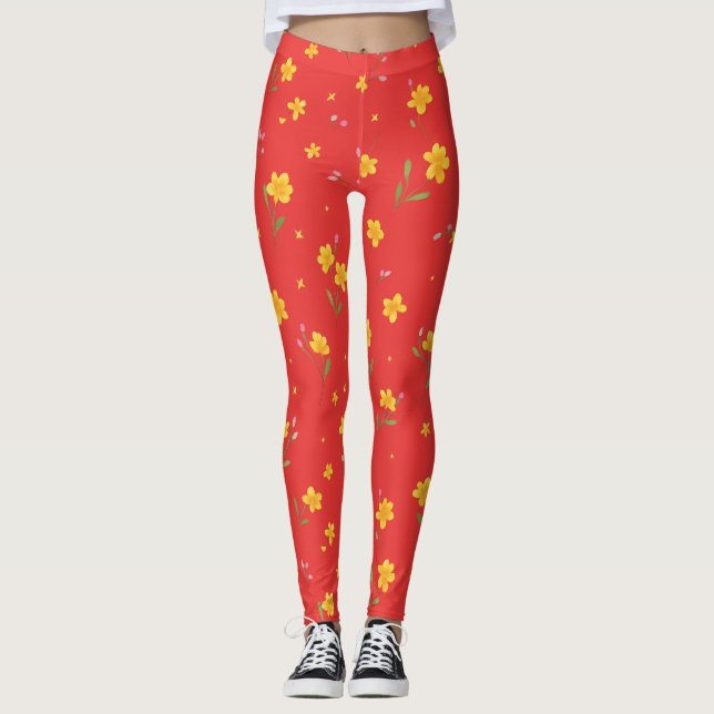Yellow Floral Pattern on Red Leggings (Front)