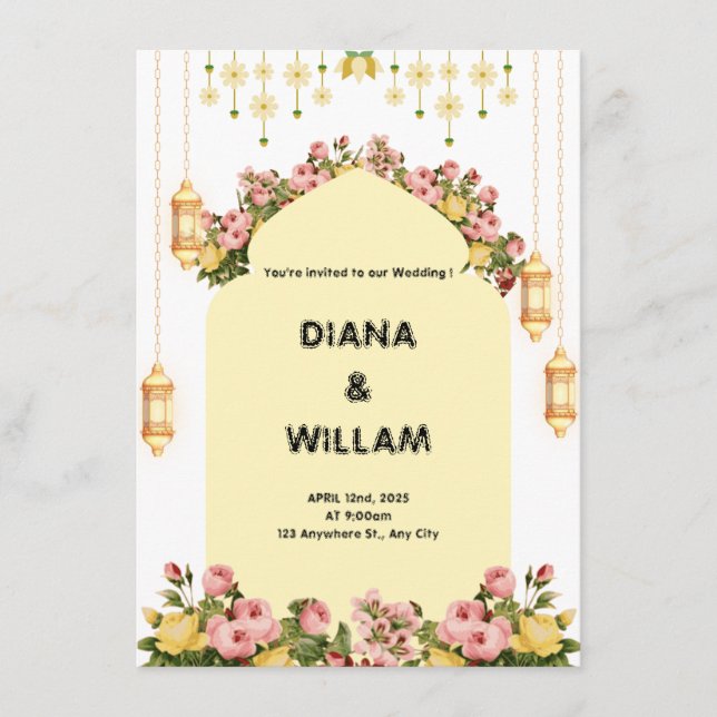 Yellow Floral Pattern Wedding Invitation (Front)