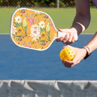Yellow Floral Personalized Initials Pickleball Paddle