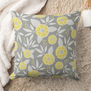 Yellow Floral Pillow Cover, Grey and Yellow