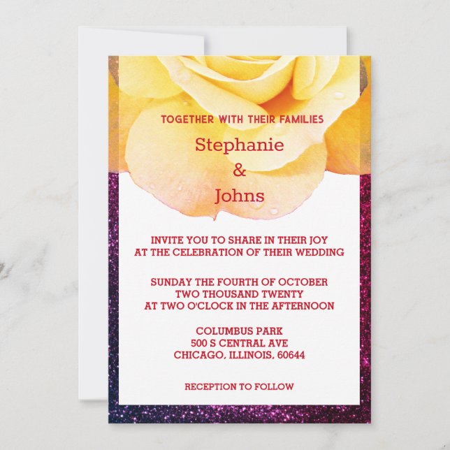 Yellow Floral Purple Pink Glittery Wedding Ombre Invitation (Front)
