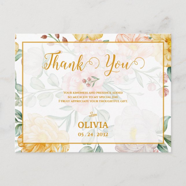  Yellow Floral Romantic Bridal Shower Thank You Postcard (Front)