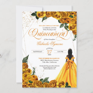 Yellow Floral Rose & Gold Elegant Quinceañera Invi Invitation