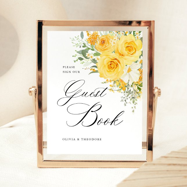 Yellow Floral Rose Guest Book Wedding Table Pedestal Sign (Yellow rose floral wedding guest book sign, romantic garden wedding reception guest book table sign)