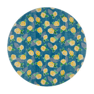 Yellow Floral Rose on blue Cutting Board
