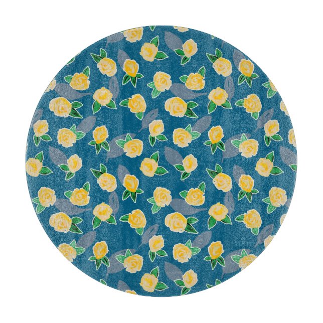 Yellow Floral Rose on blue Cutting Board (Front)