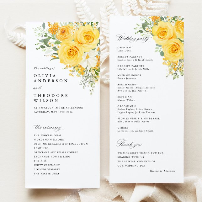 Yellow Floral Rose Wedding Ceremony Program Programme (Yellow rose floral wedding program card, watercolor garden, elegant wedding ceremony program)