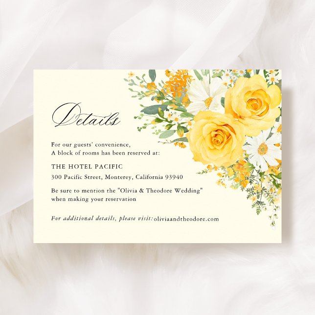 Yellow Floral Rose Wedding Hotel Details Enclosure Card (Yellow floral wedding accommodation card, watercolor yellow roses garden hotel details insert)