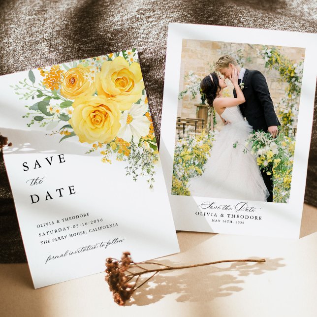 Yellow Floral Rose Wedding Photo Back Save The Date (Yellow floral photo save the date card, watercolor yellow rose garden wedding stationery with photo)