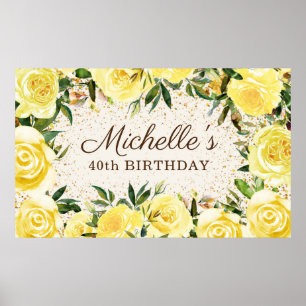 Yellow Floral Roses Gold Glitter 40th Birthday Poster