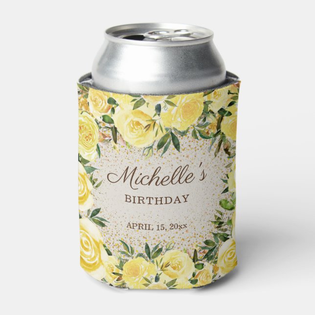 Yellow Floral Roses Gold Glitter Birthday Name Can Cooler (Can Front)