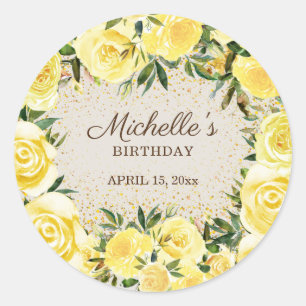 Yellow Floral Roses Gold Glitter Birthday Name Classic Round Sticker