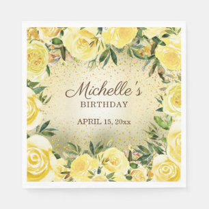Yellow Floral Roses Gold Glitter Birthday Name Dat Napkin