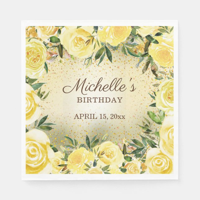 Yellow Floral Roses Gold Glitter Birthday Name Napkin (Front)