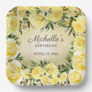 Yellow Floral Roses Gold Glitter Birthday Name Pa Paper Plate