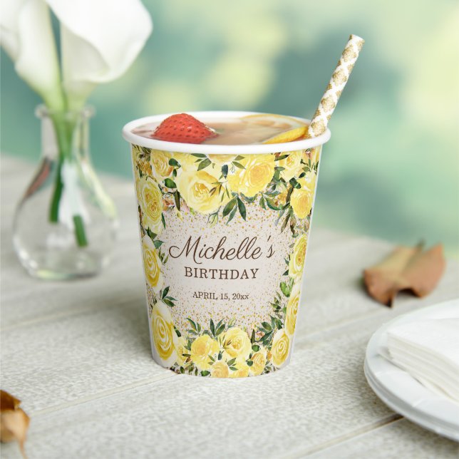 Yellow Floral Roses Gold Glitter Birthday Name Paper Cups (Insitu)