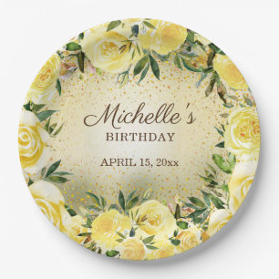 Yellow Floral Roses Gold Glitter Birthday Name Paper Plate