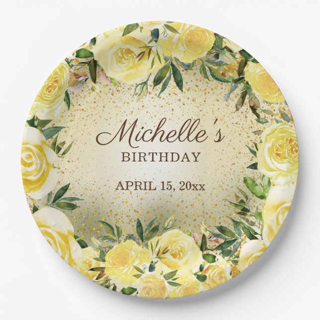 Yellow Floral Roses Gold Glitter Birthday Name  Paper Plate (Front)
