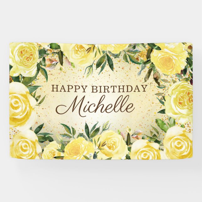 Yellow Floral Roses Gold Glitter Happy Birthday Banner (Horizontal)