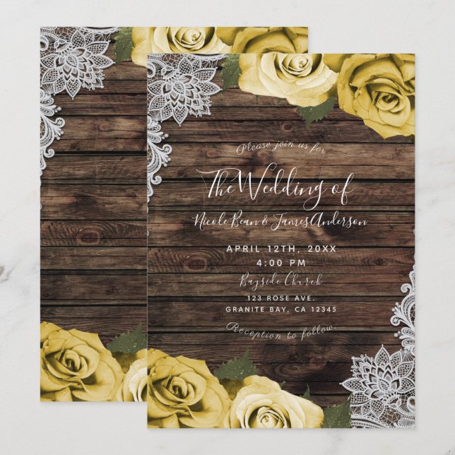 Yellow Floral Roses & Rustic Wood Lace Wedding Invitation (Front/Back)