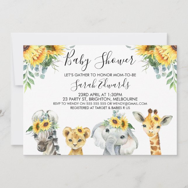 Yellow Floral Safari Animals Baby Shower  Invitation (Front)