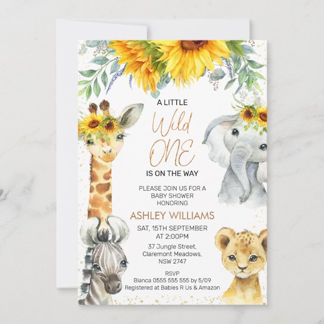 Yellow Floral Safari Wild One Baby Shower Invitation (Front)