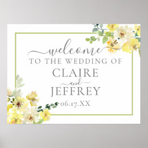 Yellow Floral Sage Green Summer Wedding Welcome Poster